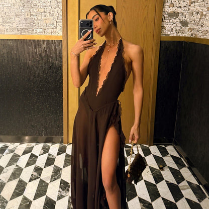 Sexy Low Collar High Slit Halter Lace Dress