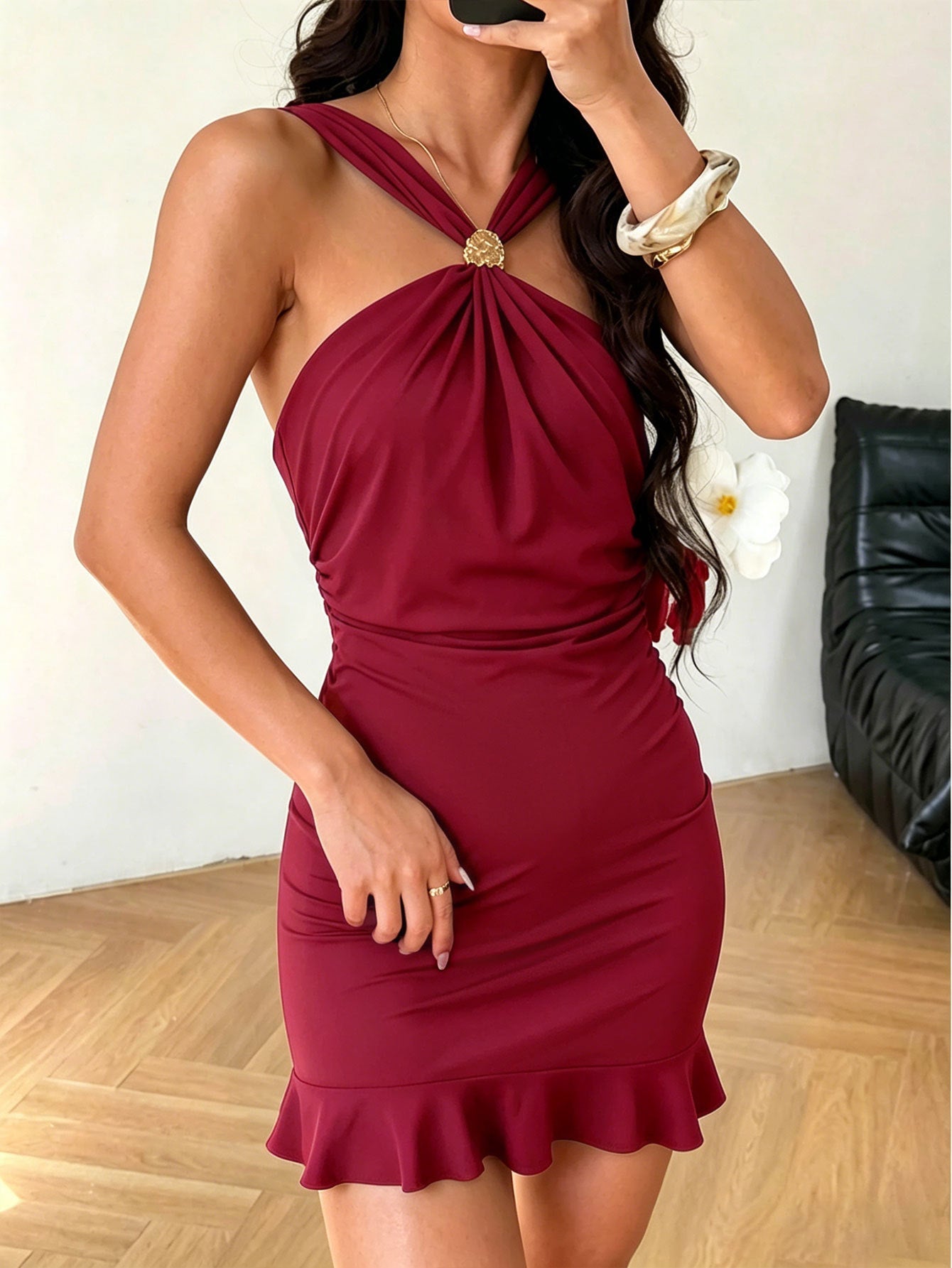 Dignified Sense Design Dress Women Fitted Waist Pleated Hip Dress Ruffled Slim Fit Slimming Dres