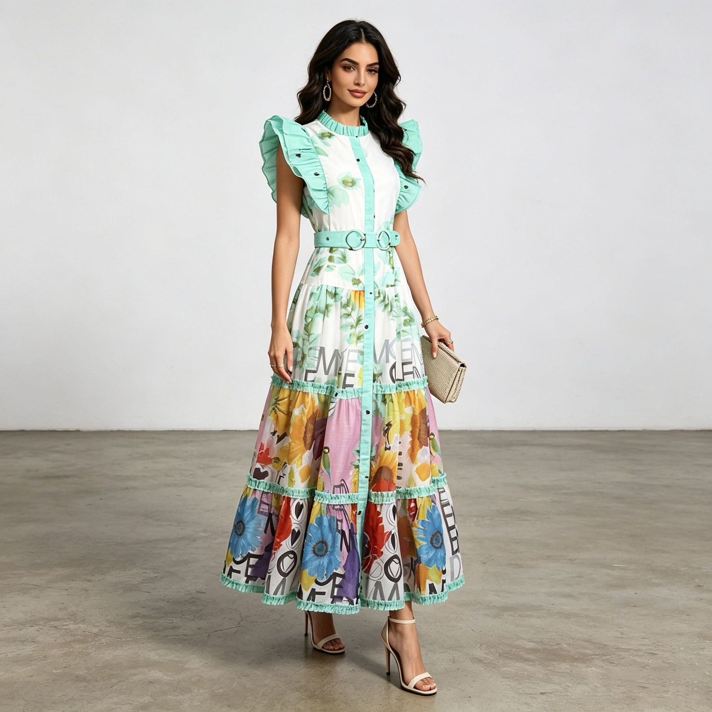 Retro Artistic Printed Dress Summer Stand Collar Ruffle Feifei Long Loose Dress Women