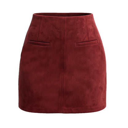 Autumn Winter Women Suede Pocket Skirt High Waist Zipper Solid Color Mini Skirt