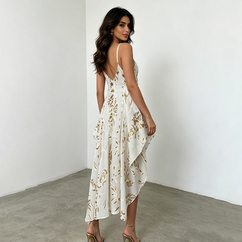 Vacation Dress Sleeveless Deep V Plunge neck Strap Cinched Peplum Profile Dress for Women