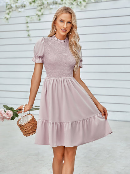 Spring Summer Casual Women Solid Color Slim Stand up Collar Cinched Short Sleeve Dress for Women