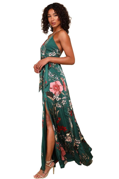 V Cut Spaghetti Strap Floral Print Backless Slit Casual Vacation Beach Commuting Elegant Dress
