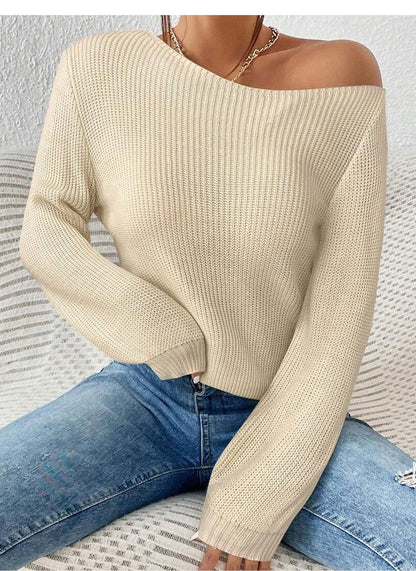 off Shoulder Shoulder Baring Knitwear Women Loose Solid Color Sweater Autumn Winter Lazy Wind Long Sleeve Top
