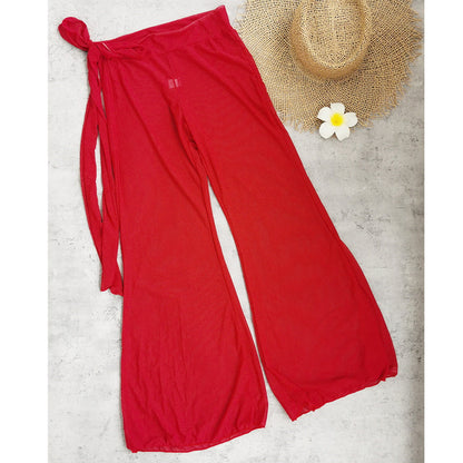 Solid Color Adjustable Pleating Bikini Sexy Lace up Backless Gauzy Trousers Set Split Swimsuit Women