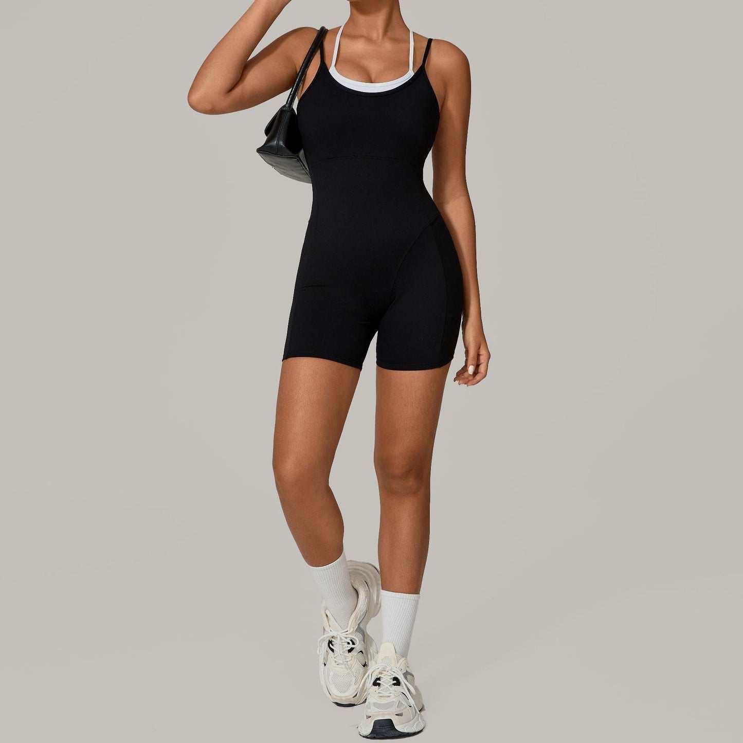 Autumn Sand Faux Two Piece Contrast Color Sling Sports Jumpsuit One Piece Yoga Clothes Backless Outdoor Fitness One Piece