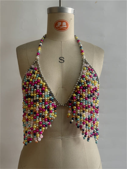 Women Clothing Colorful Beautiful Handmade Beaded Beaded Bra Halter Pearl Vest