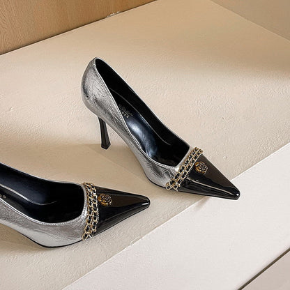 Design Color Matching Metal Chain Super High Heels Stiletto Pointed Toe Camellia Chanel Shoes