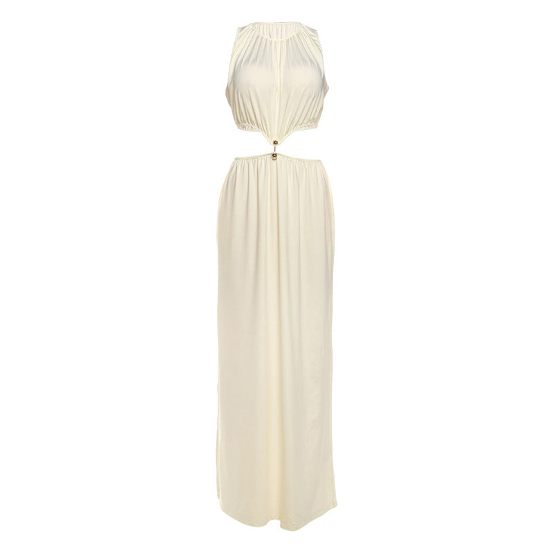 Fall Women Clothing Sexy Waist Hollow Out Cutout out Maxi Dress round Neck Sleeveless Solid Color Dress