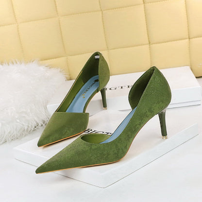 Fashionable Sexy Figure Flattering Side Hollow Out Cutout High Heels Stiletto Heel Cloth Surface Shallow Mouth Pointed Toe Super High Heel Pumps