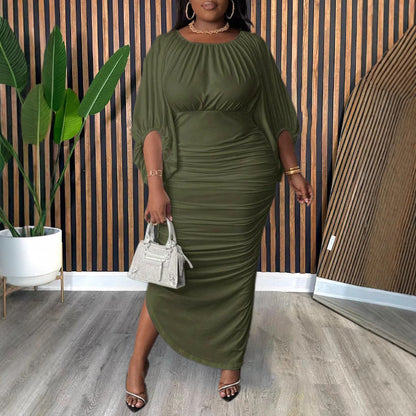 Plus Size Women Clothing Fashionable Elegant Solid Color round Neck Raglan Sleeves Fashionable Pleated Dress