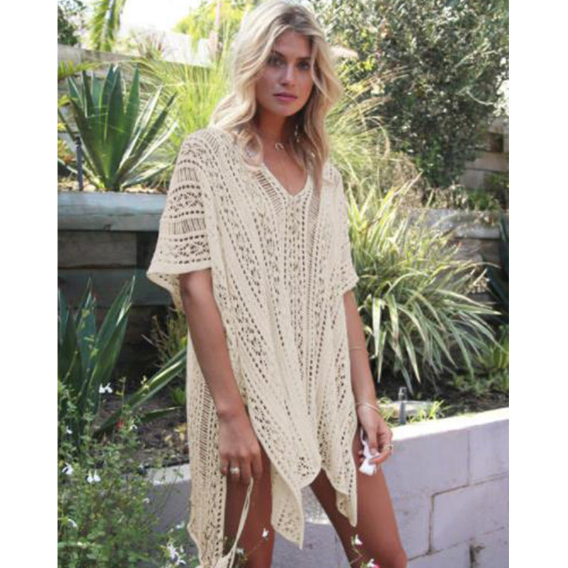 Vacation Swimsuit Hollow Out Cutout out V neck Loose Beach Cover Up Knitted Beach Sun Protection Clothing Dress