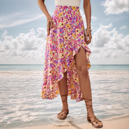 Summer Lace up Split Irregular Asymmetric Ruffled Small Floral Skirt Women