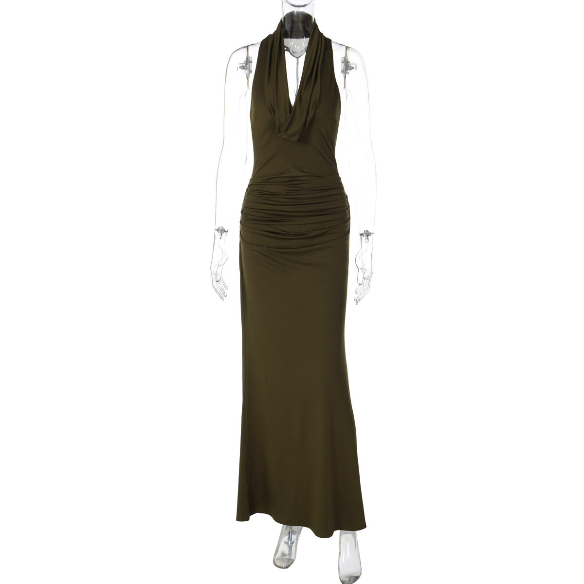 Women Clothing Winter Sexy Backless Pleated Slim Elegant Halter Maxi Dress