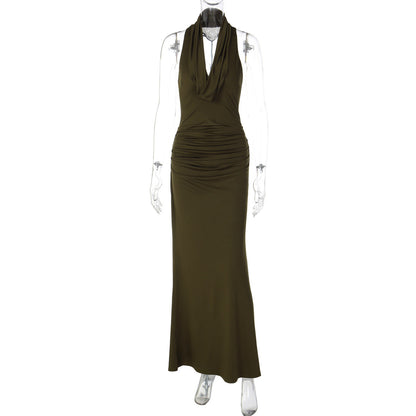 Women Clothing Winter Sexy Backless Pleated Slim Elegant Halter Maxi Dress