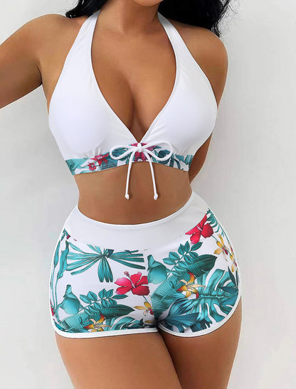 Swimsuit Women Split High Waist Boxer Lace Printing Solid Color Stitching Swimsuit