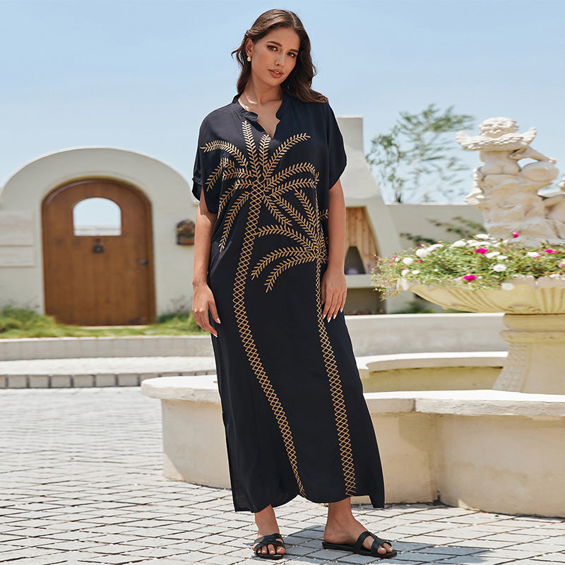 Embroidered Holiday Loose Maxi Dress Beach Cover up Maxi Dress Bikini Cover up Women