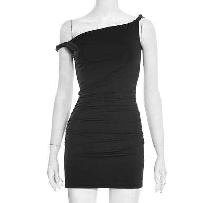 Women Clothing Spring Summer Sexy off the Shoulder Irregular Asymmetric Twisted Slim Mini Dress