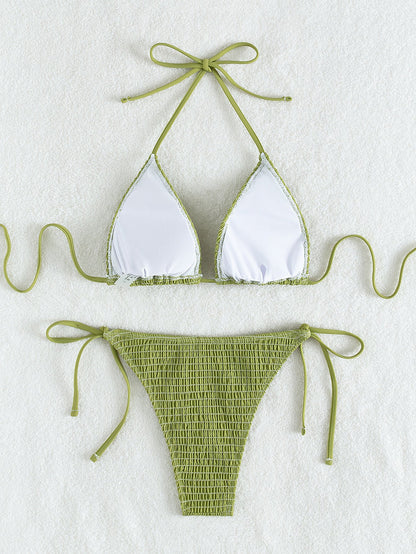 Printing Halter Spaghetti Straps Sexy Bikini Pleated Lace up Triangle Spring Split Swimsuit