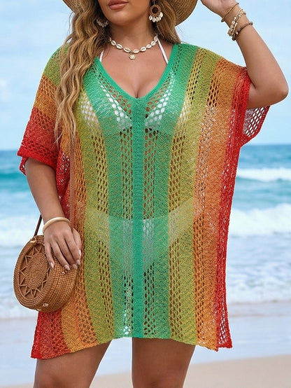 Beach Vacation Blouse Women Gradient Color Hollow Out Cutout out Woven Shirt Loose Casual Bikini Overclothes Dress