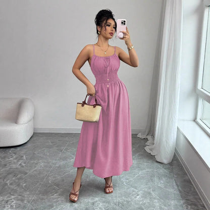 Design Tube Top Sleeveless Pleated Waist Solid Color Suspender Women Dress