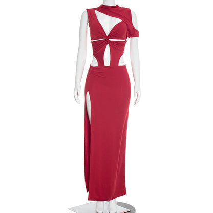 Women Clothing Summer Solid Color Saint Trope Single Sleeve Sexy Lace up Slim Fit Maxi Dress