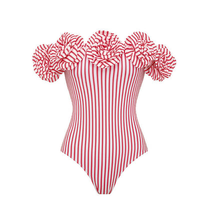Swimsuit Tube Top 3D Floral Decorative Striped One Piece Swimsuit Women