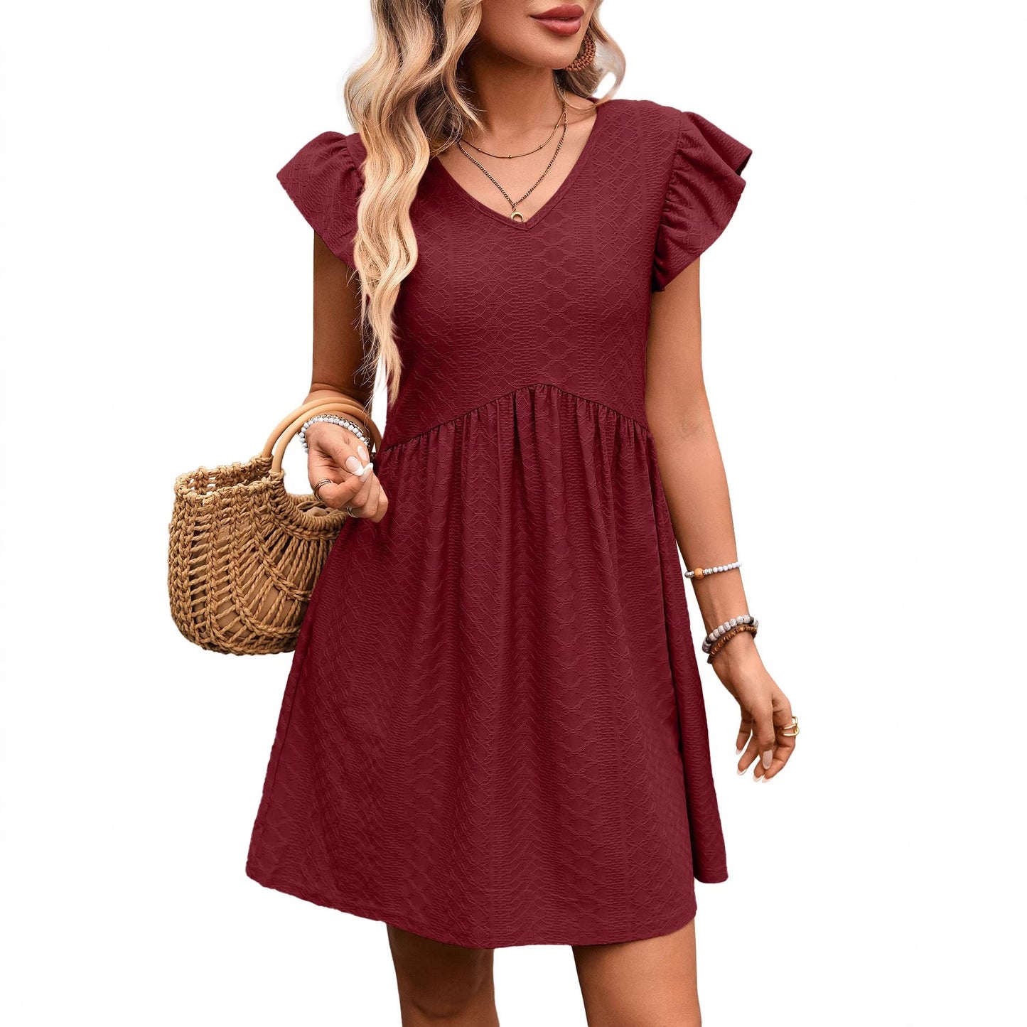 Summer Women Clothing V neck Ruffle Slimming Short Sleeve Large Swing Elegant Dress
