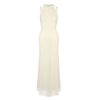 Pearl Tassel off the Shoulder Fishtail Dress Heavy Industry Beads Slim Slimming Dinner Dress for Women