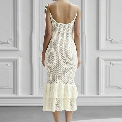 Summer Knit Halter Dress Hollow Out Cutout Seaside Holiday Beach Flounce Long Dress Women Overall Hip