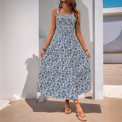 Summer Printed Suspender Sweet Floral Backless Dress