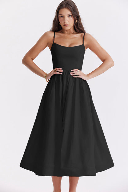 Women Clothing Solid Color Sexy Backless Spaghetti Straps Large Swing Dress Women