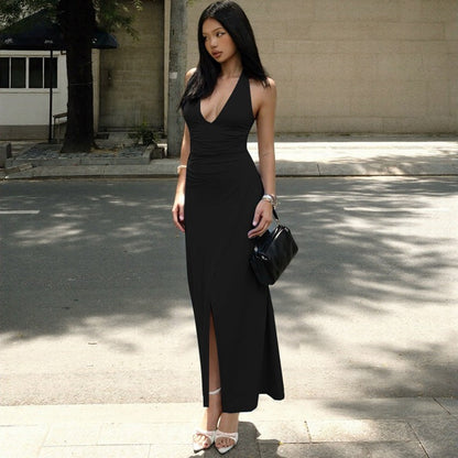Women Clothing Sexy V neck Solid Color Sleeveless Halter Lace-up Backless Pleated Waist Tight Slimming Slit Dress