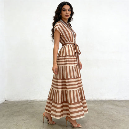 Vintage Vertical Striped Shirt Dress Polo Collar Single Breasted Lace up Waist Dress