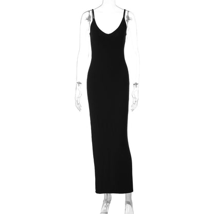 Summer Sexy V neck Sleeveless Idle Solid Color Slim Fit Maxi Dress