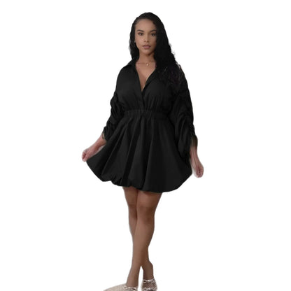 Sexy Casual Office Drawstring Sleeve Fitted Waist Bubble Shirt Collar Long Sleeve Dress