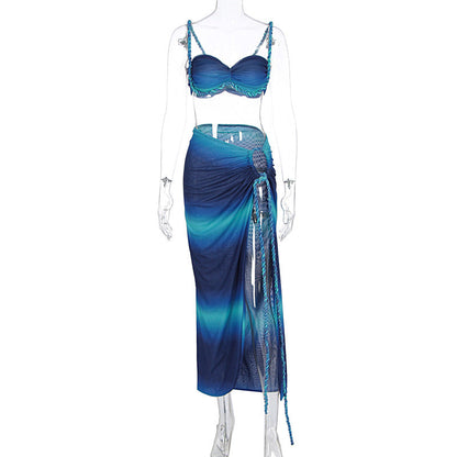 Summer Sexy Beach Vacation Swimsuit Woven Halter Top Top Split Skirt Set