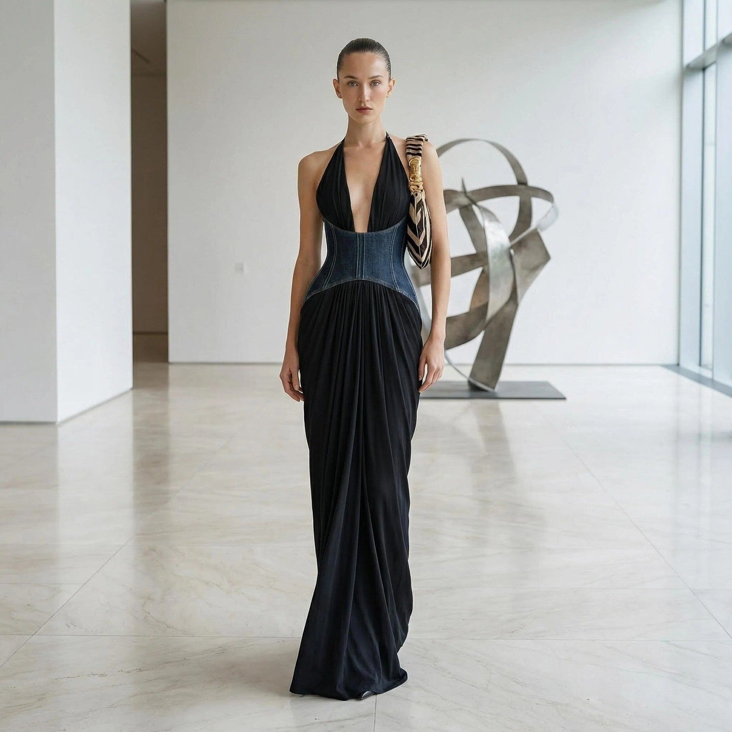 Halter Deep V Plunge Black Dress Denim Drawstring Slim Fit Maxi Drape Party Dress