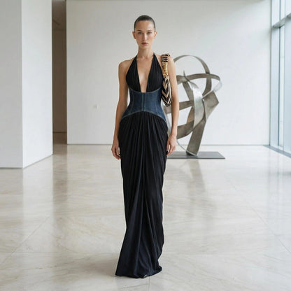 Halter Deep V Plunge Black Dress Denim Drawstring Slim Fit Maxi Drape Party Dress