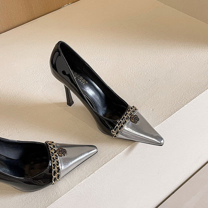Design Color Matching Metal Chain Super High Heels Stiletto Pointed Toe Camellia Chanel Shoes