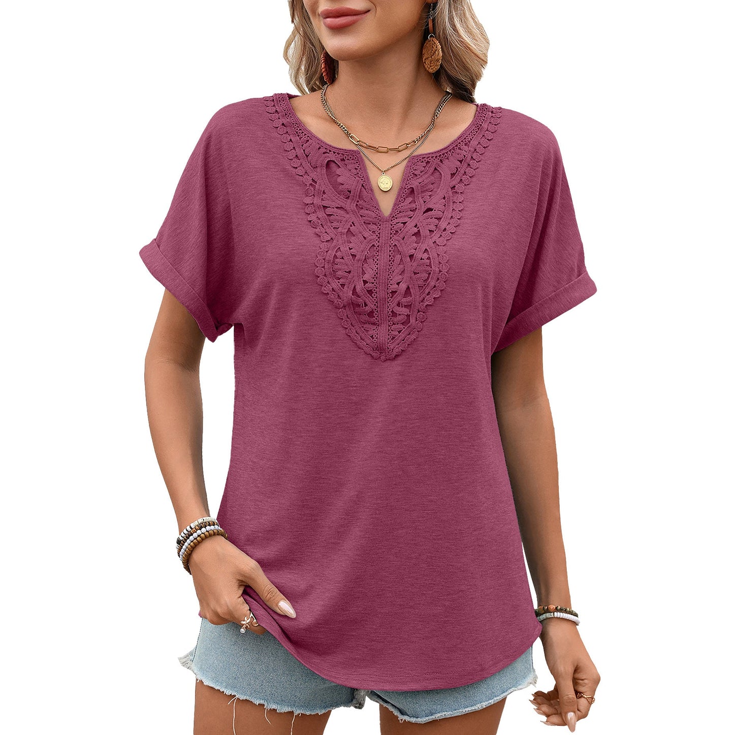 Women Clothing Spring Summer Solid Color V neck Lace Loose Short Sleeve T shirt Top
