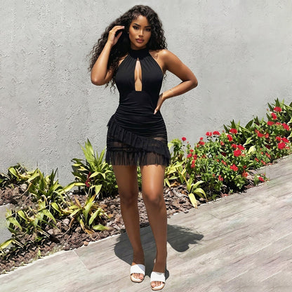 Summer Women Clothing Halter Backless Sexy Cutout See through Ruffled Sexy Sheath Dress