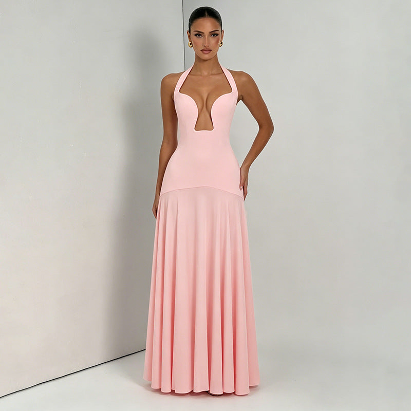 Women Clothing Summer Solid Color Casual Elegant Sleeveless Halter Backless Slim Fit Maxi Dress
