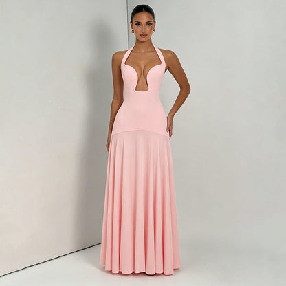 Women Clothing Summer Solid Color Casual Elegant Sleeveless Halter Backless Slim Fit Maxi Dress