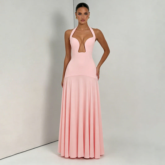 Women Clothing Summer Solid Color Casual Elegant Sleeveless Halter Backless Slim Fit Maxi Dress