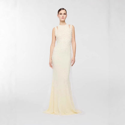 Pearl Tassel off the Shoulder Fishtail Dress Heavy Industry Beads Slim Slimming Dinner Dress for Women