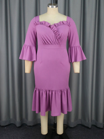 Purple Square Collar Flared Fishtail with Wooden Ears Elegant V Back Dresses