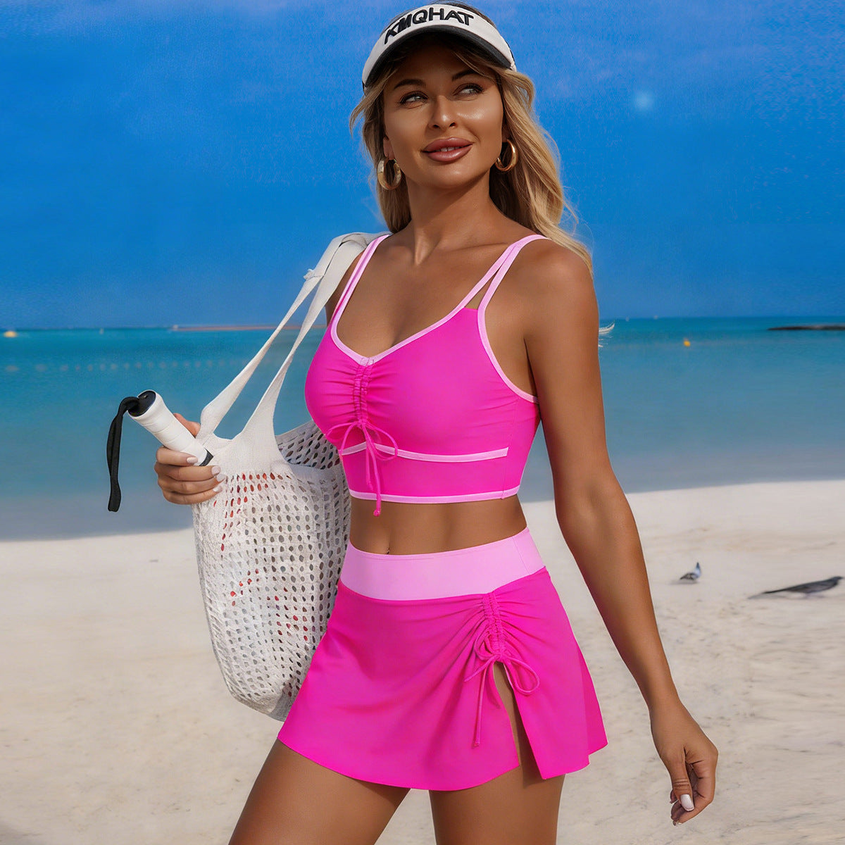 Split Swimsuit Women Solid Color Drawstring Exercise Bikini Swimsuit