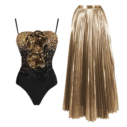 One Shoulder Boning Corset Ruffled Sequined Printed One Piece Swimsuit Women
