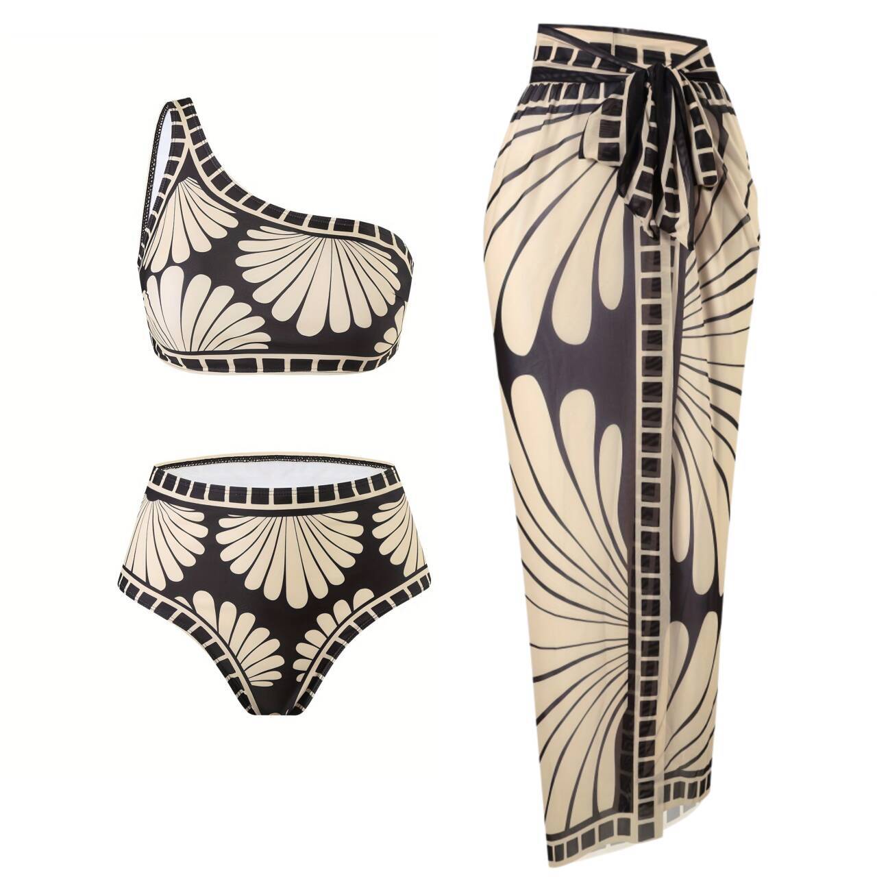 Bikini Customized Printed Oblique Shoulder Three-Piece Skirt Split Swimsuit